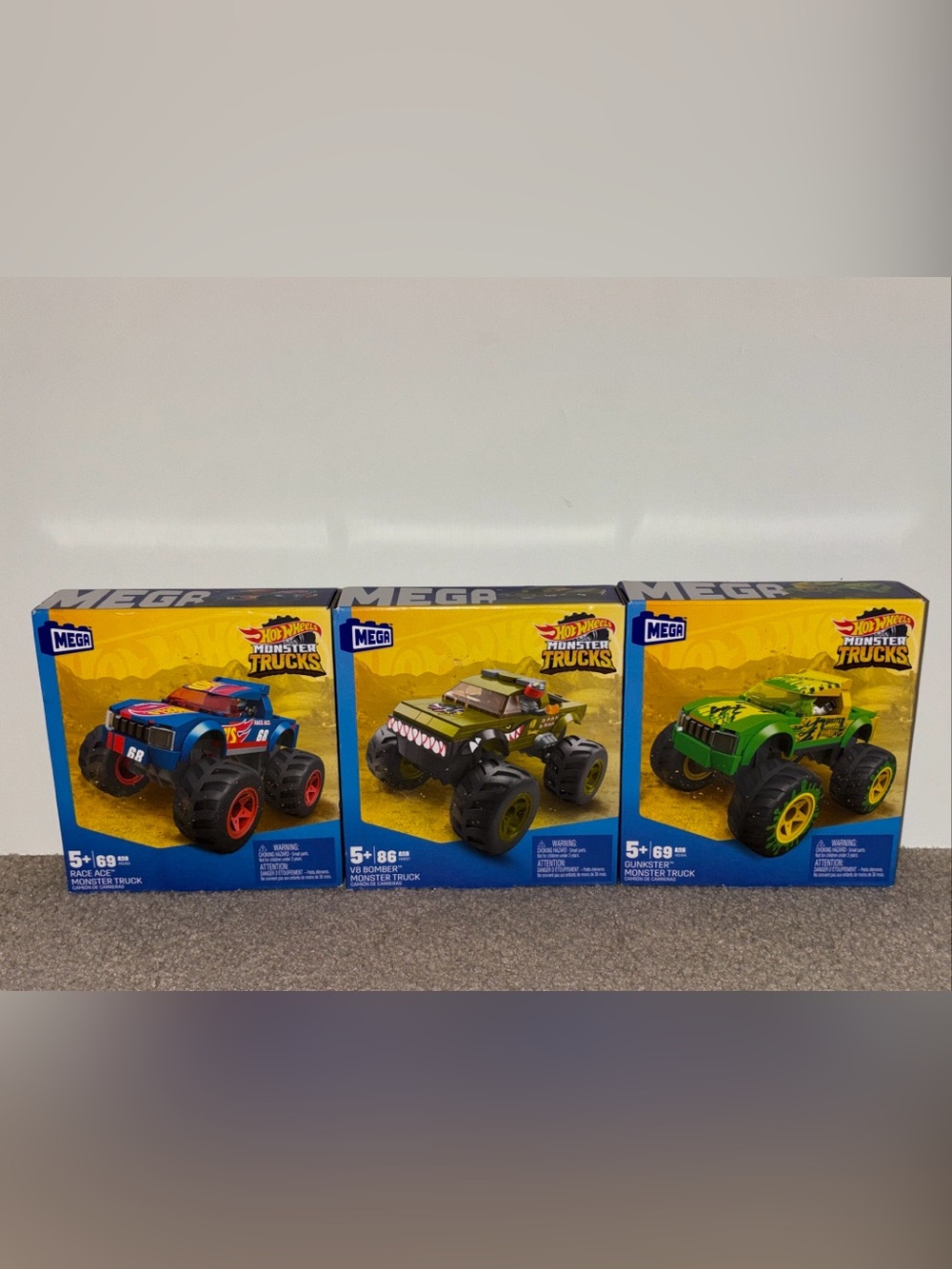 LOT 3 New Mega Hot Wheels Monster Trucks Building Sets GUNKSTER BOMBER RACE ACE